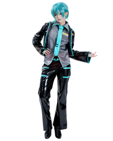 Person wearing a black and gray outfit with blue accents on a white background Person wearing a black and gray outfit with blue accents on a white background