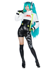 Person in a futuristic outfit with black leather pants and white jacket on a white background Person in a futuristic outfit with black leather pants and white jacket on a white background
