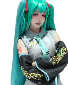 Person with teal hair and a futuristic outfit on a white background Person with teal hair and a futuristic outfit on a white background