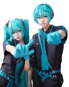 Two people in matching outfits with turquoise hair and gloves on a white background Two people in matching outfits with turquoise hair and gloves on a white background