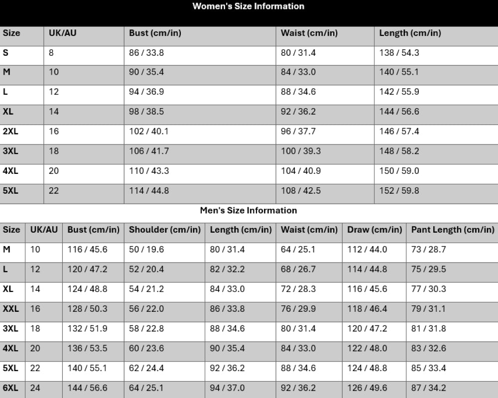 size chart for men and women size chart for men and women