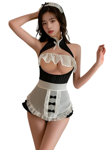 Person wearing a black and white maid costume on a white background Person wearing a black and white maid costume on a white background