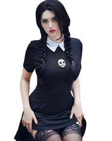 Person wearing a black dress with a white collar on a white background Person wearing a black dress with a white collar on a white background