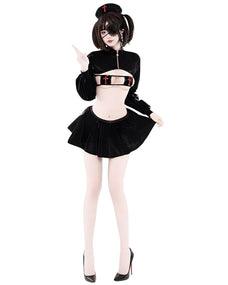 Person wearing a black maid outfit with a skirt and top on a white background Person wearing a black maid outfit with a skirt and top on a white background