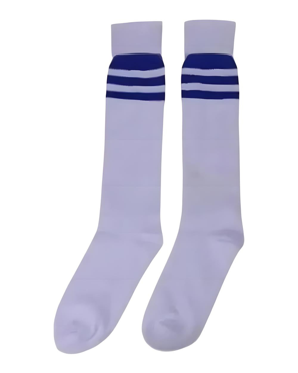 White knee-high socks with blue stripes on a white background White knee-high socks with blue stripes on a white background