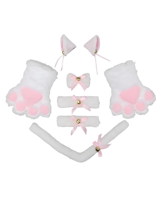 Cat ears, paws, and tail set with pink accents on a white background
