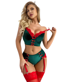 Woman wearing a green and red lingerie set on a white background Woman wearing a green and red lingerie set on a white background