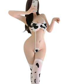 Cow costume for adults - sexy cow lingerie babydoll set with cow underwear front view Cow costume for adults - sexy cow lingerie babydoll set with cow underwear front view
