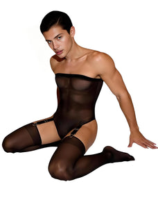 A model kneeling on a white background wearing a sheer black strapless bodysuit with attached thigh-high stockings and garter details. A model kneeling on a white background wearing a sheer black strapless bodysuit with attached thigh-high stockings and garter details.