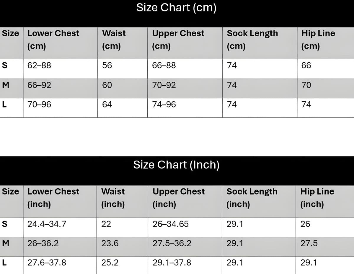 A size chart table showing measurements in centimeters and inches for sizes S, M, and L, with columns for lower chest, waist, upper chest, sock length, and hip line. A size chart table showing measurements in centimeters and inches for sizes S, M, and L, with columns for lower chest, waist, upper chest, sock length, and hip line.