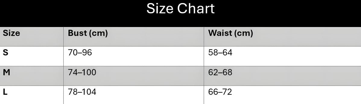 A size chart table with columns labeled Size, Bust (cm), and Waist (cm), showing rows for S, M, and L sizes. A size chart table with columns labeled Size, Bust (cm), and Waist (cm), showing rows for S, M, and L sizes.
