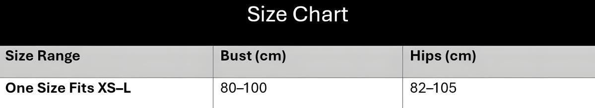 A size chart table with a black header reading 'Size Chart' and three columns labeled Size Range, Bust (cm), and Hips (cm). The first row lists 'One Size Fits XS-L' with measurements 80-100 and 82-105 respectively. A size chart table with a black header reading 'Size Chart' and three columns labeled Size Range, Bust (cm), and Hips (cm). The first row lists 'One Size Fits XS-L' with measurements 80-100 and 82-105 respectively.