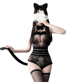 Person wearing a black lace lingerie set with cat ears and a tail on a white background Person wearing a black lace lingerie set with cat ears and a tail on a white background