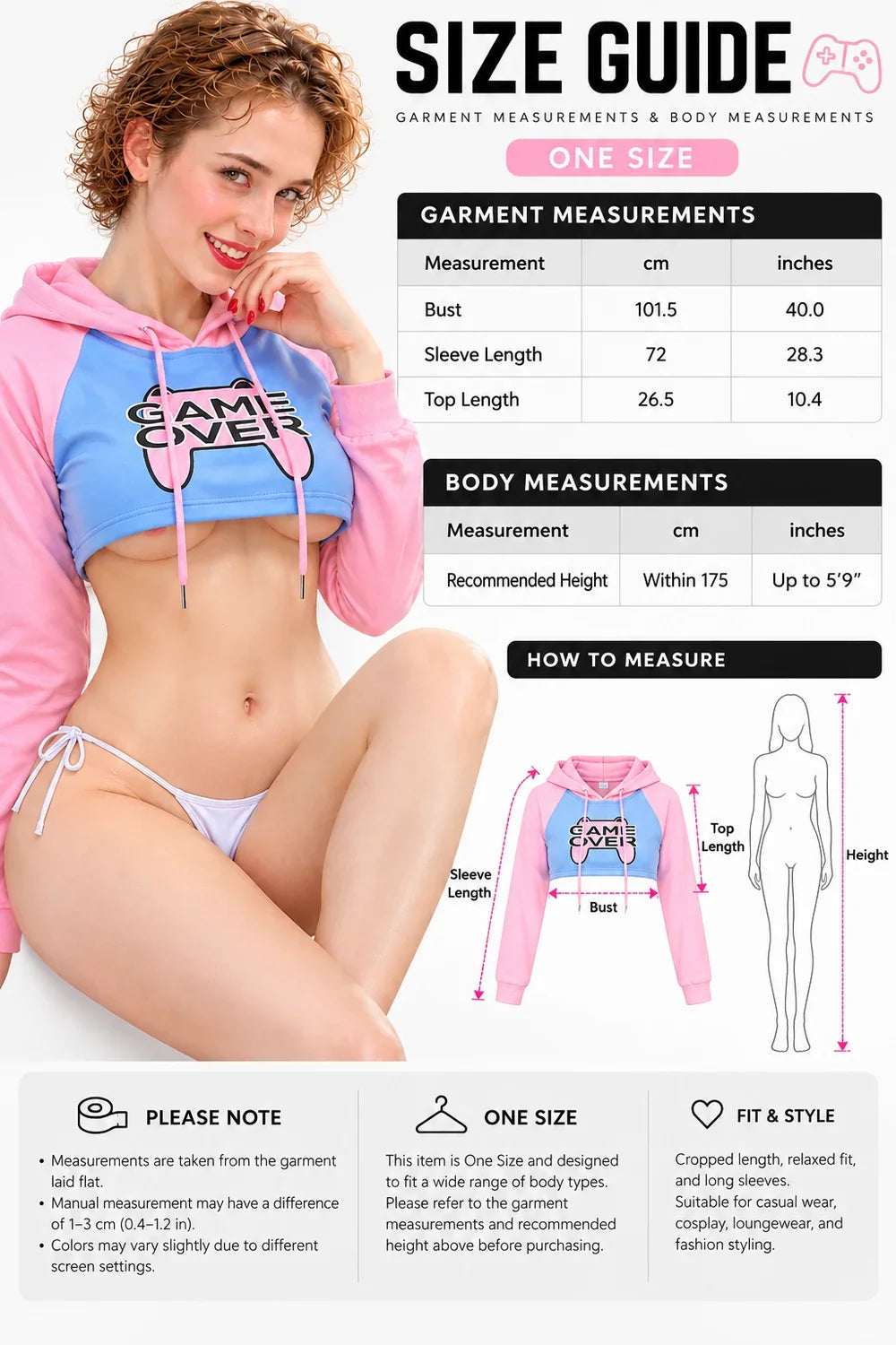 GAME OVER cropped hoodie one size size guide: bust 101.5 cm (40 in), sleeve length 72 cm (28.3 in), top length 26.5 cm (10.4 in), recommended height up to 175 cm (5 ft 9 in) GAME OVER cropped hoodie one size size guide: bust 101.5 cm (40 in), sleeve length 72 cm (28.3 in), top length 26.5 cm (10.4 in), recommended height up to 175 cm (5 ft 9 in)