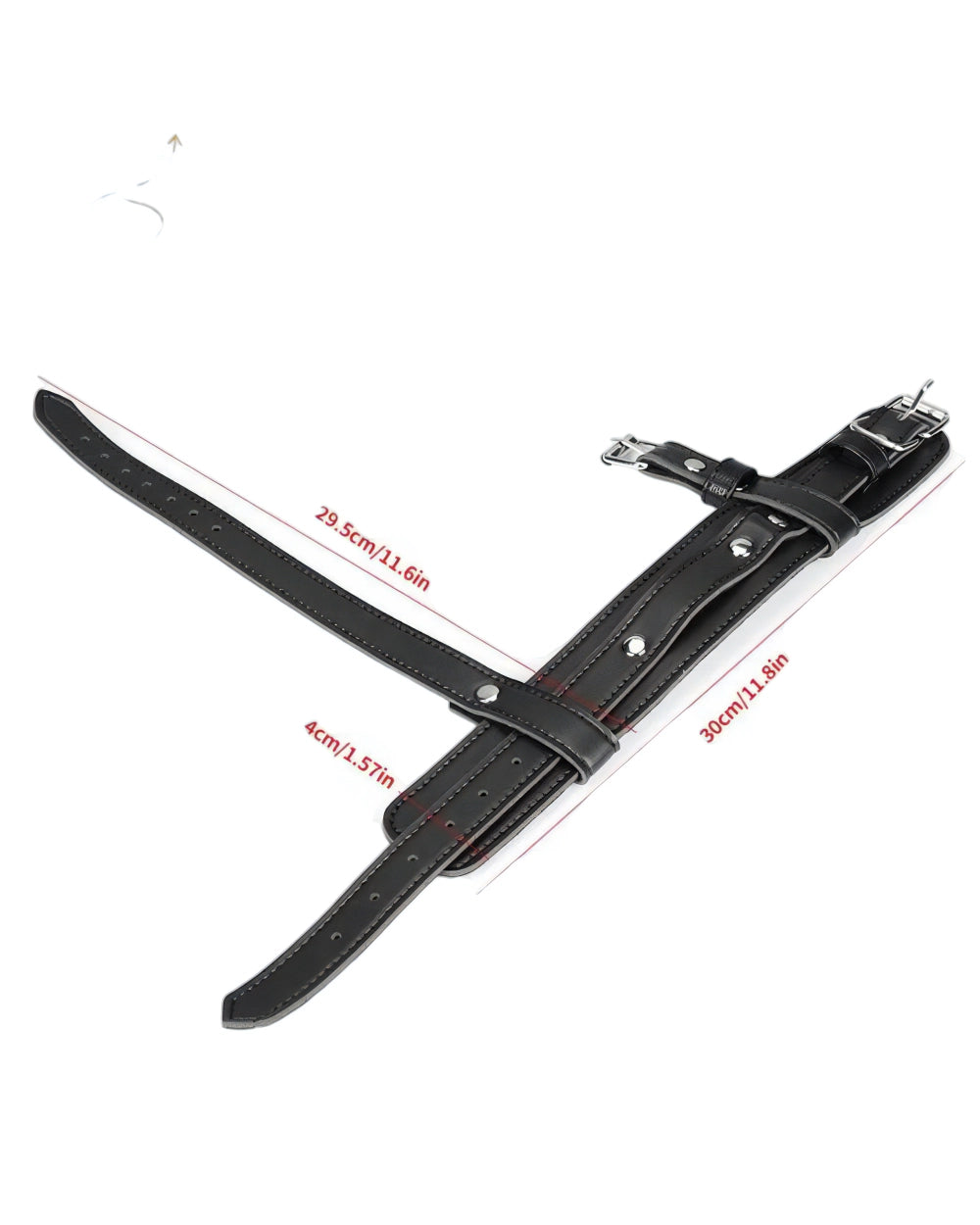 Black faux leather harness strap with red dimension lines and text showing measurements of 28.5cm/11. Black faux leather harness strap with red dimension lines and text showing measurements of 28.5cm/11.