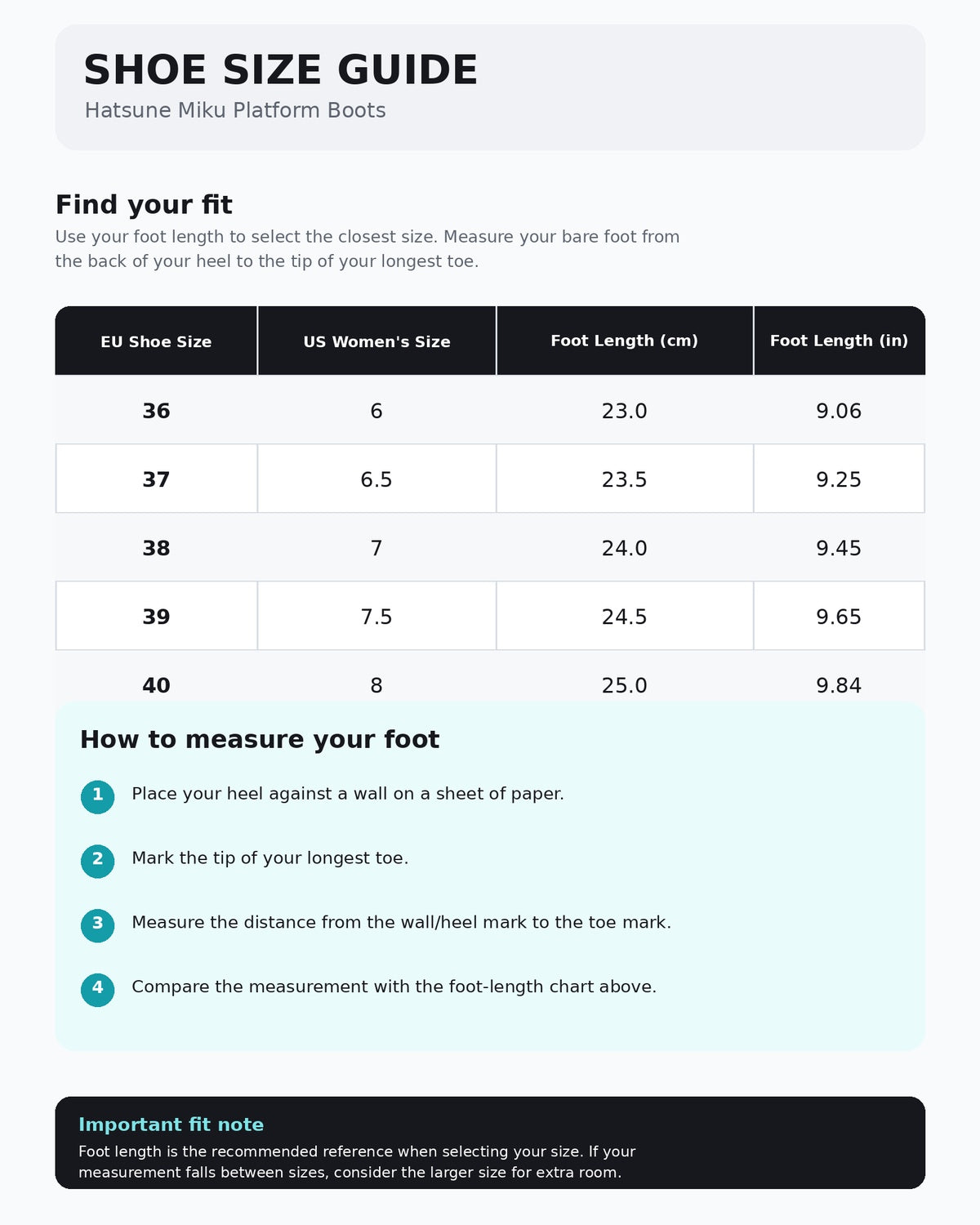 A shoe size guide chart for Hatsune Miku Platform Boots, showing a size conversion table from EU Shoe Size to US Women's Size and Foot Length in cm/inches, plus step-by-step foot measurement instructions. A shoe size guide chart for Hatsune Miku Platform Boots, showing a size conversion table from EU Shoe Size to US Women's Size and Foot Length in cm/inches, plus step-by-step foot measurement instructions.