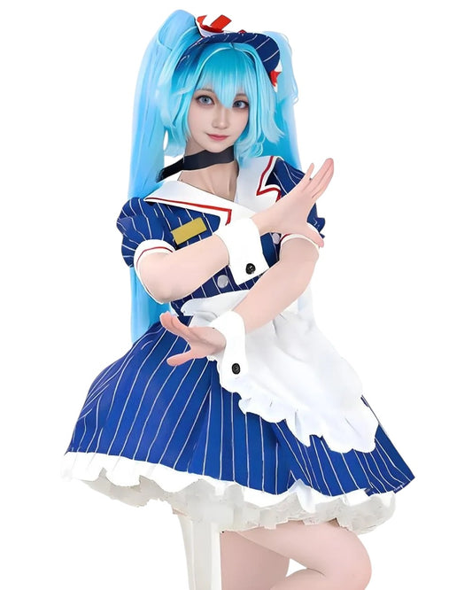 A person wearing a blue and white pinstriped anime-style maid costume with a matching blue twin-tail wig, posed against a plain white background.