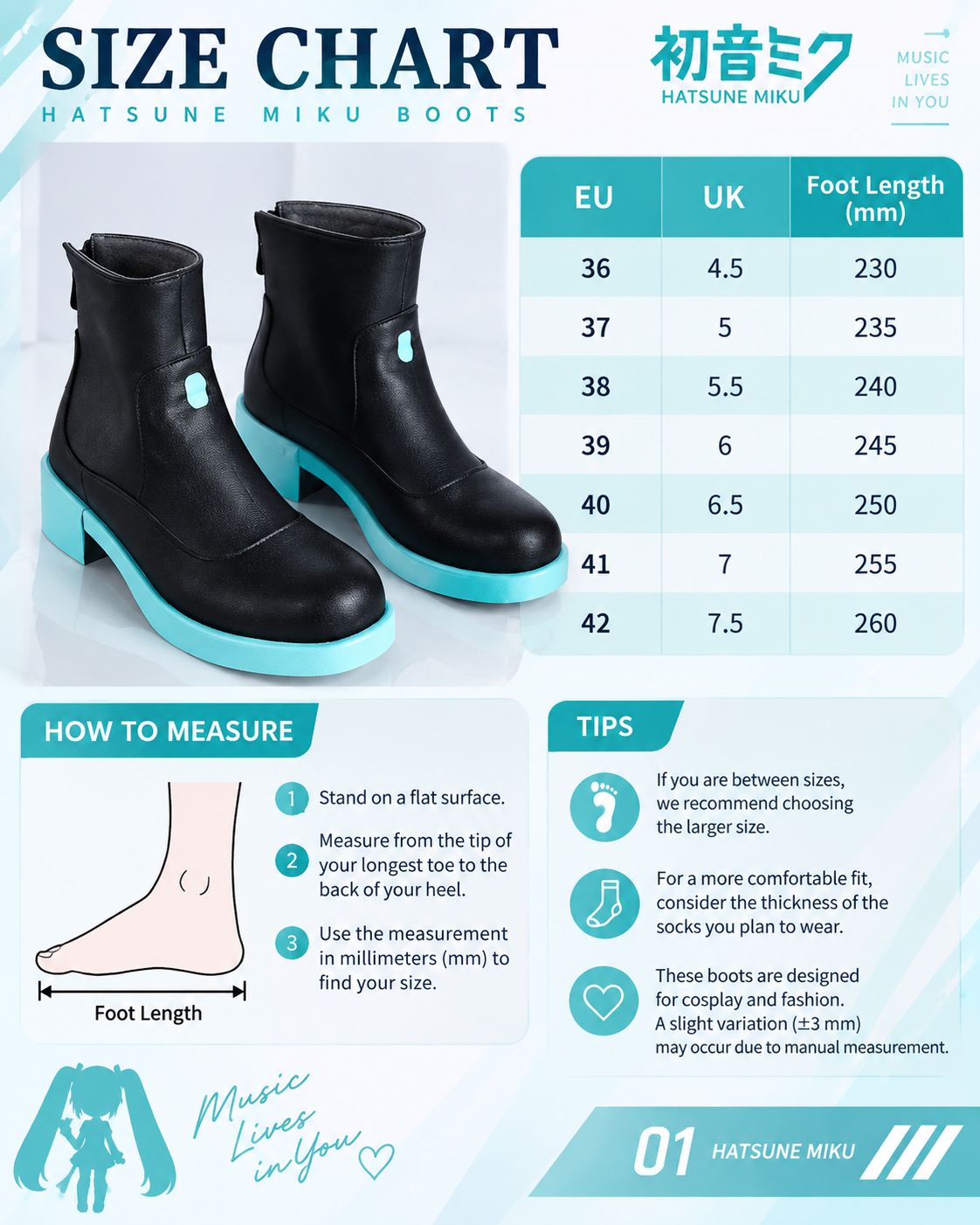 A size chart and measurement guide for Hatsune Miku boots, showing a size table from EU 36 to 42, foot length in millimeters, a how-to-measure diagram with a leg illustration, and fit tips. The boots pictured are black with bright turquoise accents. A size chart and measurement guide for Hatsune Miku boots, showing a size table from EU 36 to 42, foot length in millimeters, a how-to-measure diagram with a leg illustration, and fit tips. The boots pictured are black with bright turquoise accents.