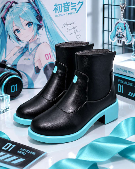 Black and cyan Miku cosplay boots in a studio product view