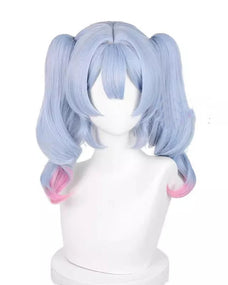 Light blue wig with pink accents on a white mannequin head Light blue wig with pink accents on a white mannequin head