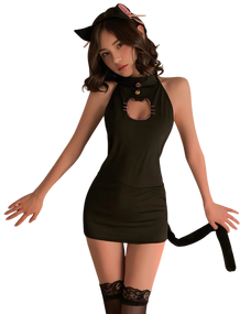 Woman wearing a black cat-themed costume with a dress, tail, and headband on a white background Woman wearing a black cat-themed costume with a dress, tail, and headband on a white background