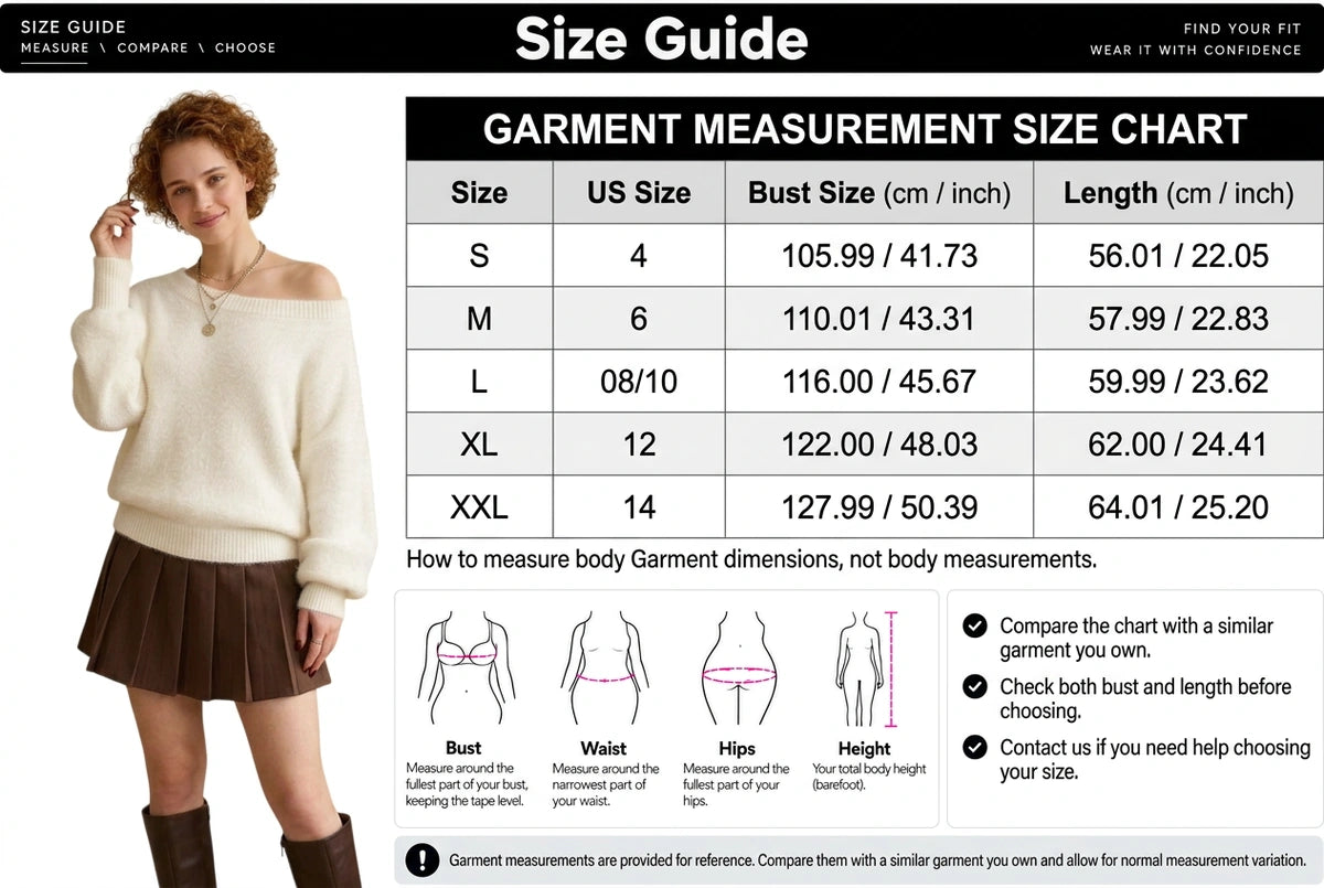 Garment size guide for the ivory off shoulder fuzzy sweater, sizes S through XXL Garment size guide for the ivory off shoulder fuzzy sweater, sizes S through XXL