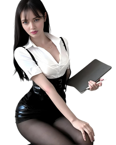 Woman in a white blouse and black leather outfit holding a black clutch against a white background Woman in a white blouse and black leather outfit holding a black clutch against a white background