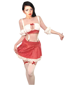 Woman wearing a red and white costume with a white background Woman wearing a red and white costume with a white background