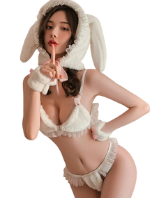 Person wearing a bunny costume with a white background Person wearing a bunny costume with a white background