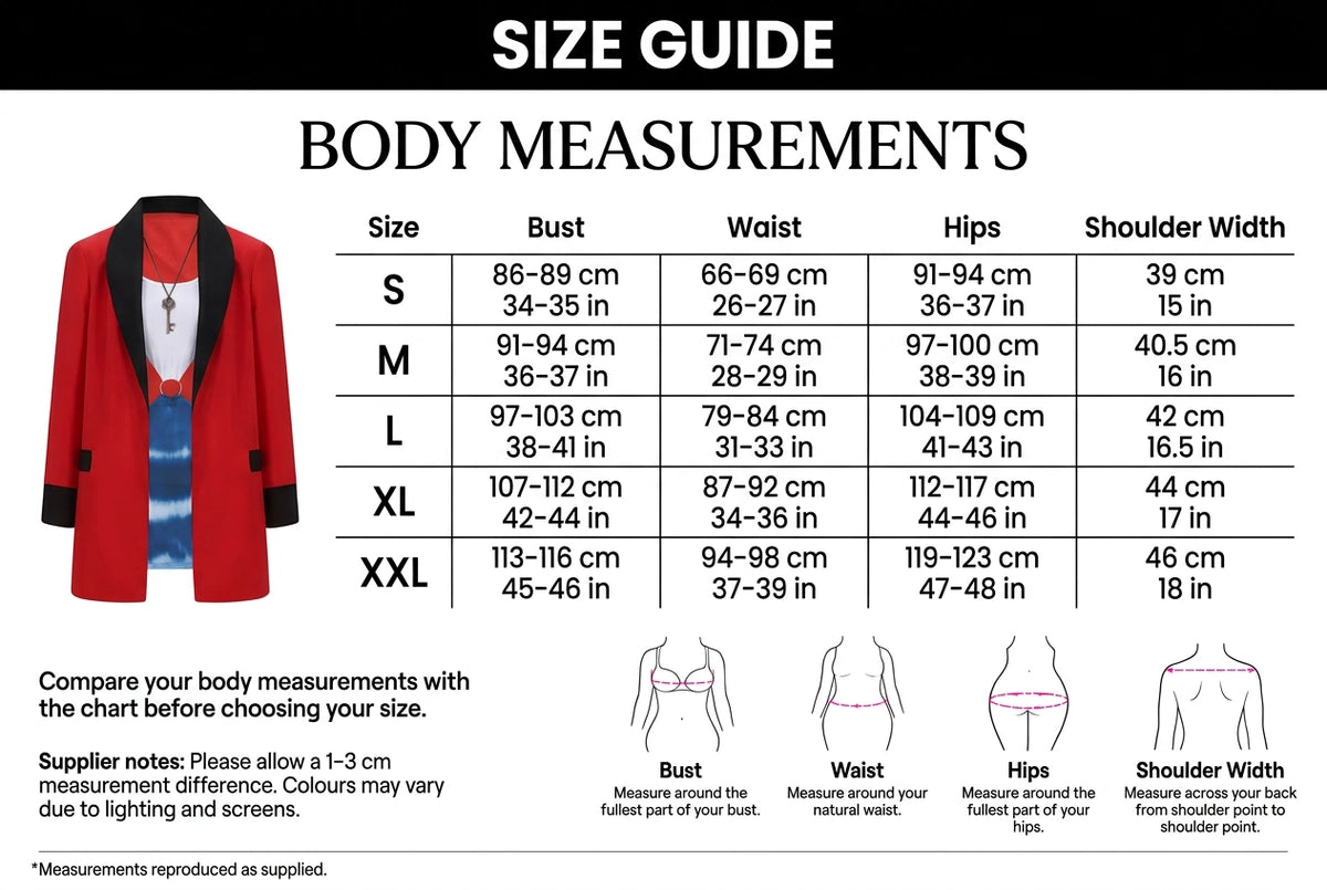 A size guide chart for body measurements showing body measurement tables for S, M, L, XL, and XXL with bust, waist, hips, and shoulder width in inches and centimeters. The chart includes a red and black size chart graphic and body outline illustrations. A size guide chart for body measurements showing body measurement tables for S, M, L, XL, and XXL with bust, waist, hips, and shoulder width in inches and centimeters. The chart includes a red and black size chart graphic and body outline illustrations.