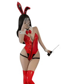 Model wearing the complete red bunny costume set with ears, collar, cuffs, posing seductively. Model wearing the complete red bunny costume set with ears, collar, cuffs, posing seductively.