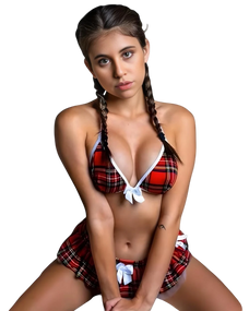 Woman wearing a red plaid bikini with white accents on a plain background Woman wearing a red plaid bikini with white accents on a plain background