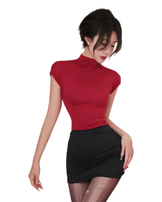 Woman wearing a red top and black skirt on a white background Woman wearing a red top and black skirt on a white background