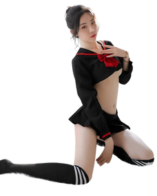 Person wearing a black and red outfit with a bow tie on a white background Person wearing a black and red outfit with a bow tie on a white background