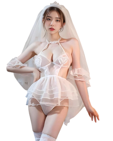 Person wearing a white lace lingerie set with a veil on a white background Person wearing a white lace lingerie set with a veil on a white background