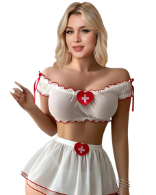 Woman wearing a nurse-themed outfit with a white top and skirt featuring red heart designs. Woman wearing a nurse-themed outfit with a white top and skirt featuring red heart designs.