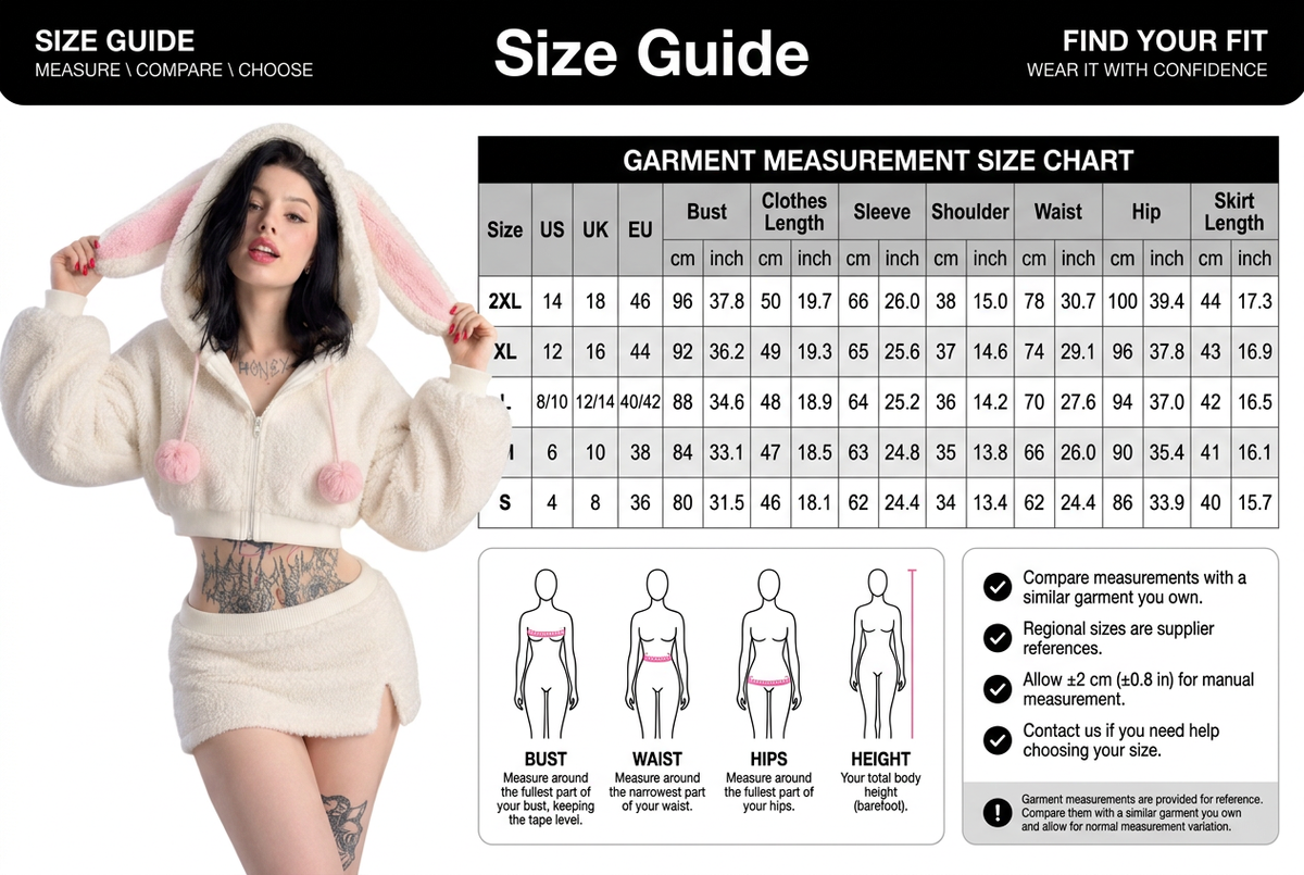 Garment measurement size guide for the white bunny-ear hoodie and matching mini skirt Garment measurement size guide for the white bunny-ear hoodie and matching mini skirt