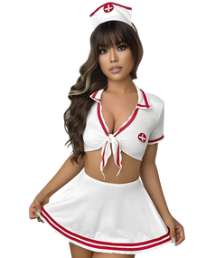 Person wearing a white and red nurse costume on a white background Person wearing a white and red nurse costume on a white background