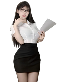 Woman in professional attire holding a document on a white background Woman in professional attire holding a document on a white background