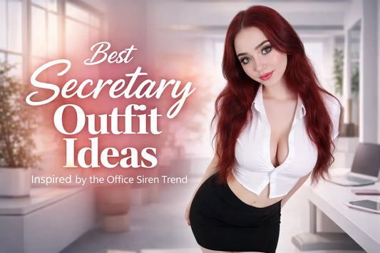 Woman in a sexy secretary outfit with white blouse and black skirt, office siren style inspiration