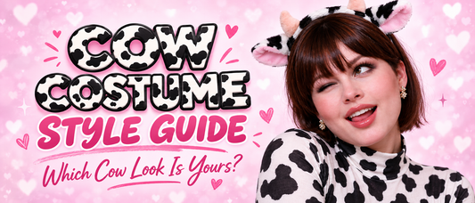Pink cow costume style guide banner with a model in a cow-print top