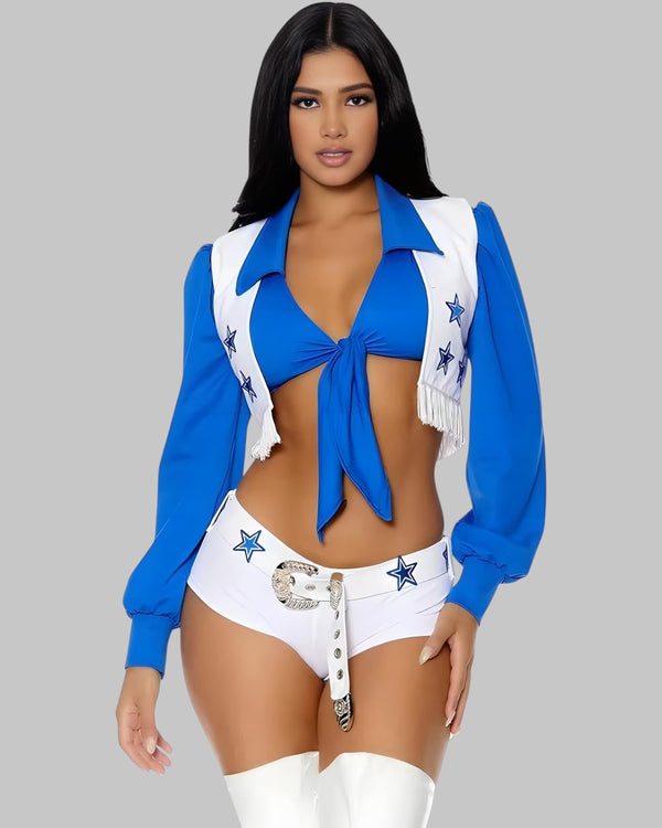a woman wearing cowboy cheerleader costume 
