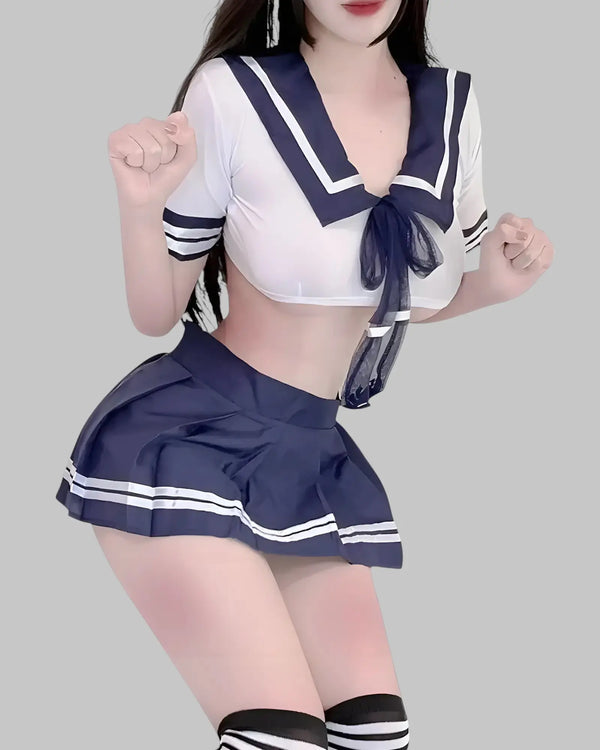 Sexy schoolgirl uniform anime cosplay costume with pleated skirt and crop top