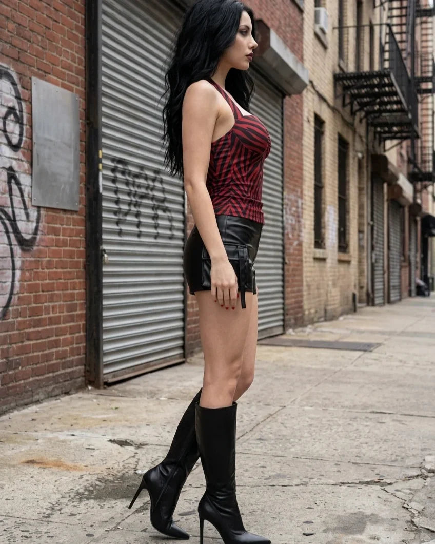 Side view of Obsession-inspired red zebra halter and black cargo shorts