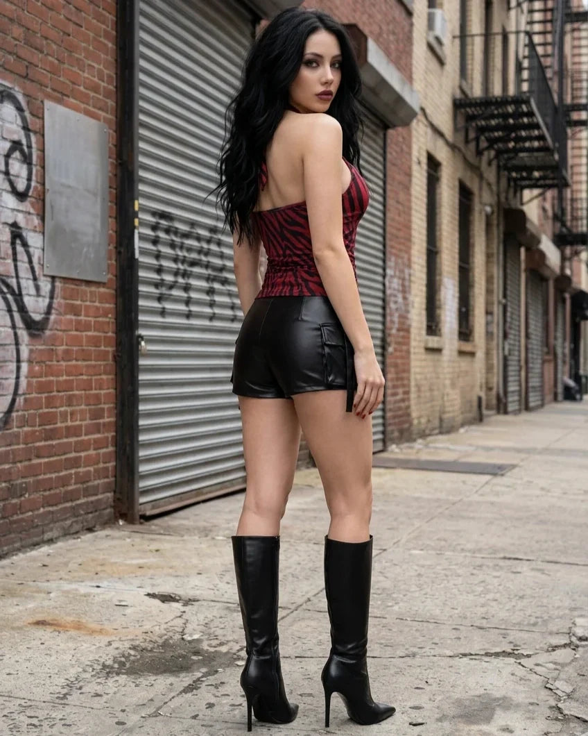 Three quarter rear view of Nikki-inspired zebra top and black shorts