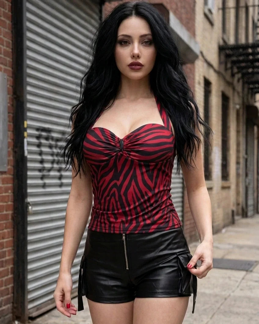 Close up of red and black zebra print halter neckline and faux leather cargo shorts