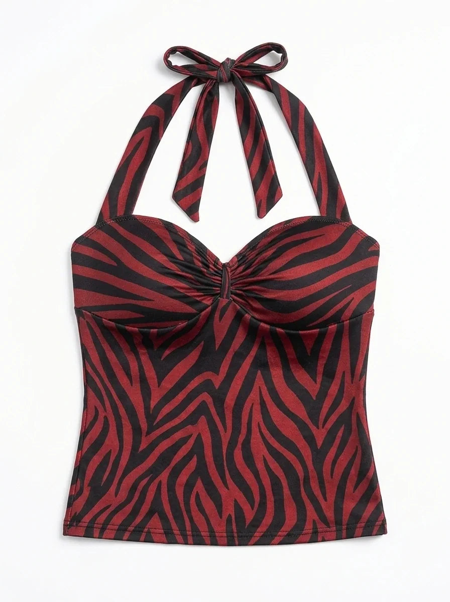Red black zebra halter top front flat lay, available top only