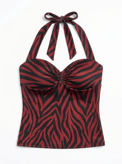 Red black zebra halter top front flat lay, available top only