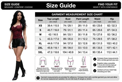 Nikki Freeman halter top and shorts garment measurement size guide XS to 3XL in centimeters and inches