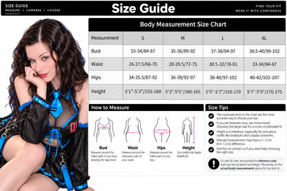 Vocal Derivative cosplay set size guide with model and measurement tips.